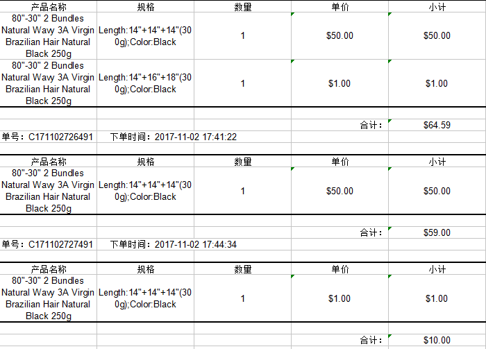 订单批量导出展示样式